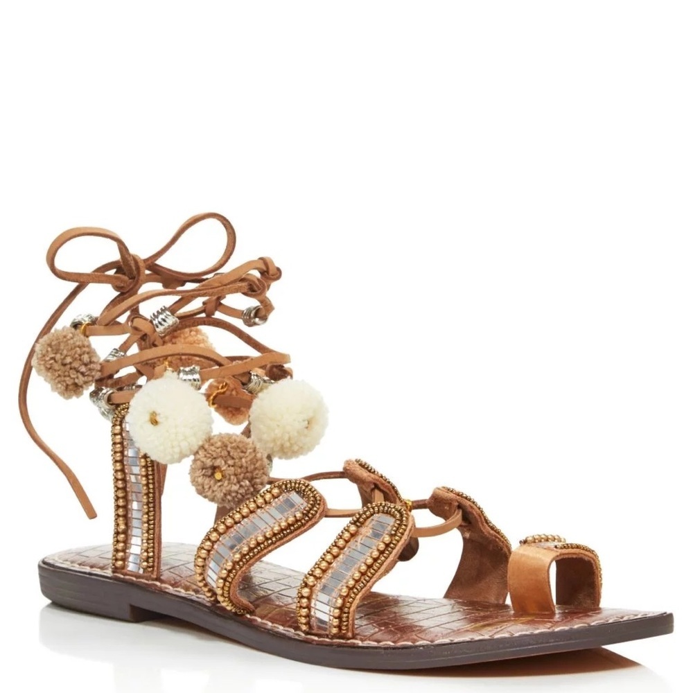 Sam Edelman Womens Graciela Leather Beaded Flat Sandals Tan 10 Medium